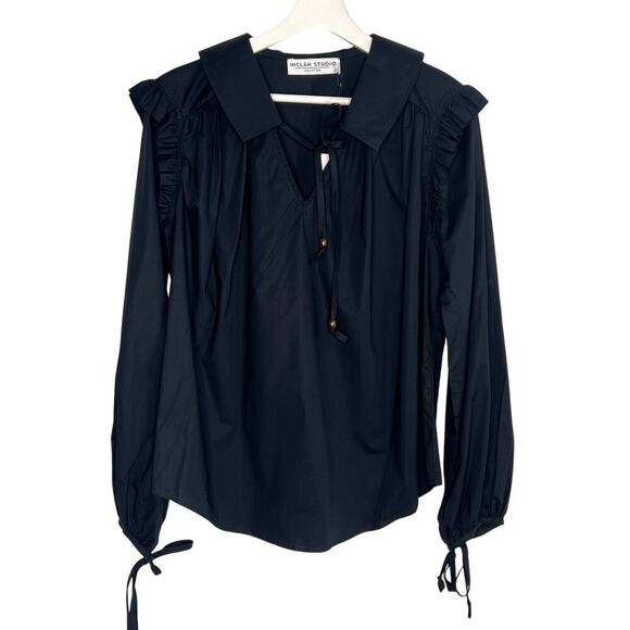 Inclan Studio Sampson Cotton-Lycra Long Sleeve Blouse Black Women's Size M NWT - Picture 2 of 10